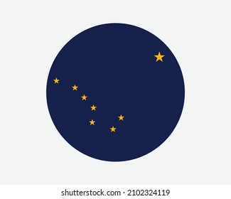 Bandera del estado redonda de Alaska USA. AK, Bandera Círculo Estadounidense. Estado de Alaska, Banner de botón de forma circular de los Estados Unidos de América. Ilustración del vector EPS.