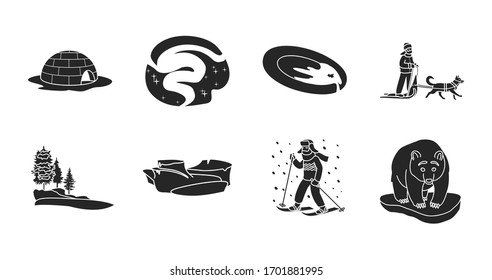 Alaska Vector Black Set.Vector Illustration Of North Eskimo And Ice Arctic Inuit Igloo .North Alaska With Ice Igloo.Eskimo And Inuit Black Icon.