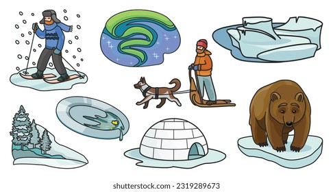 Conjunto de color vectorial Alaska.Ilustración vectorial del iglú del arco de hielo y del esquimal norte.Alaska norte con iglú de hielo.Icono de color esquimal e inuit.