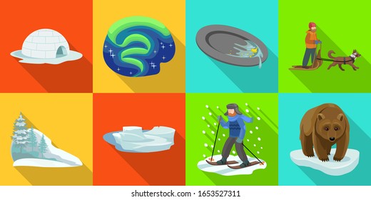 Alaska vector flat set.Vector illustration of north eskimo and ice arctic inuit igloo .North alaska with ice igloo.Eskimo and inuit flat icon.