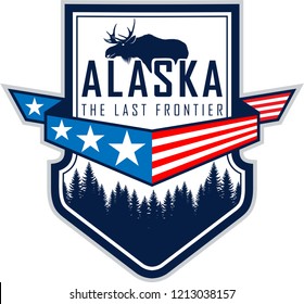 Alaska vector label with flag, woodland forest and moose