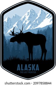 Alaska vector label with moose bull and mountains woodland forest