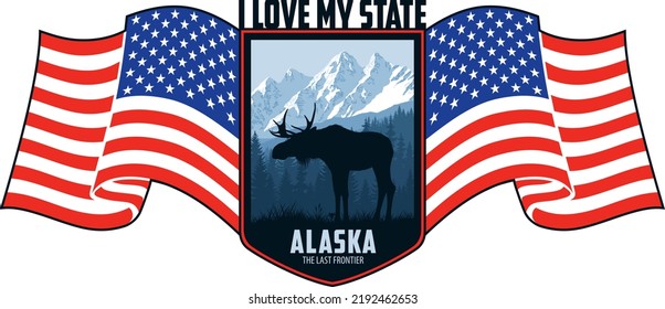 Alaska vector label with moose bull and mountains woodland forest and flag of the United States