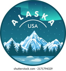 Alaska vector label with Northern lights, woodland forest and wildland. 