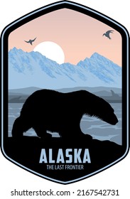 Alaska Vector Label With Polar Bear, Seal And Seagulls