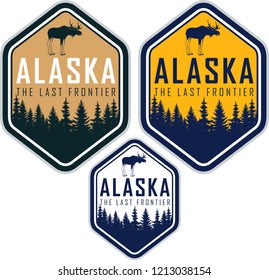 Alaska vector labels with woodland forest and moose