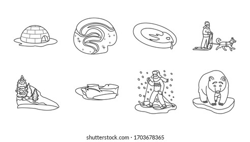 Alaska Vector Outline Set.Vector Illustration Of North Eskimo And Ice Arctic Inuit Igloo .North Alaska With Ice Igloo.Eskimo And Inuit Outline Icon.