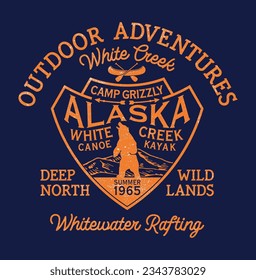 Alaska white creek canoe kayak adventure camp vintage vector print for boy t shirt grunge effect in separate layer