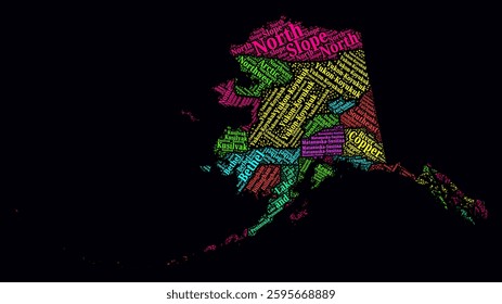 Alaska Word Cloud. Bright neon style design on dark background. Region names text cloud. Boundary shape with administrative division. Elegant vector illustration.