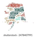Alaska Word Cloud. State shape with county division. Alaska typography style image. County names tag clouds. Vector illustration.