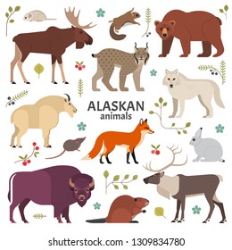 Alaskan animals. Vector illustration of North American mammals, such as moose, lynx, grizzly bear, polar white wolf, bison, red fox and beaver. Isolated on white.