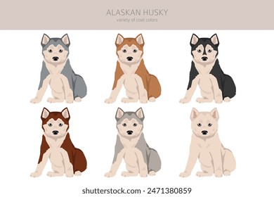 Clipart de cachorros husky de Alaska. Diferentes poses, colores de la capa establecidos.  Ilustración vectorial