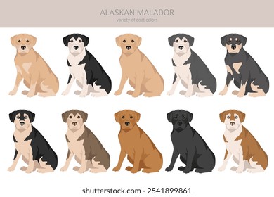 Clipart Malador de Alaska. Mezcla de Alaskan Malamute Labrador Retriever. Conjunto de diferentes colores de pelaje.  Ilustración vectorial