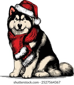 Alaskan Malamute breed in red hat of Santa Claus, Funny Christmas Dog, Dog Christmas Winter Holiday , Cute Christmas Dog