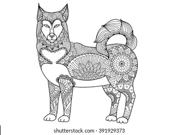 Alaskan malamute dog line art design for tattoo, t shirt design, coloring book for adult and so on - stock vector