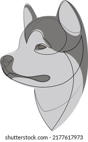 Alaskan Malamute dog portrait. Continuous line. Siberian husky dog line drawing. Vector illustration with colour.