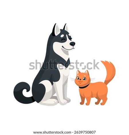Alaskan Malamute dog with red cat Cartoon illustration. Happy Husky dog is sitting with cat. Pet shop, vet clinic characters. Vector illustration. Traveling with pets concept. Flat design