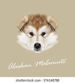 Alaskan Malamute Dog. Vector illustrated Portrait of Puppy on tan background.