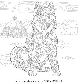 Alaskan Malamute oder sibirischer Husky. Eskimo Dog Farbseite. Erwachsenenfarbbuch-Idee. Antistress-Freehe und Skizzenzeichnung mit Doodle- und Zentangle-Elementen.  Vektorgrafik.