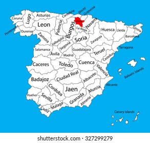 Alava map silhouette vector. Spain province. Spain with separated regions isolated on background. Spain autonomy areas map. Editable vector map of Spain.