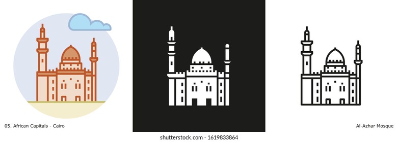 Al-Azhar Mosque Icon - Cairo.
Glyph, Outline and Filled Outline icons of the famous landmark from the capital of Egypt.