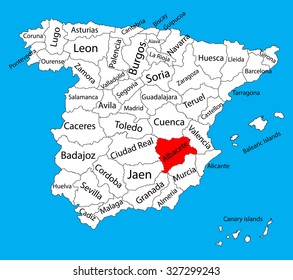 Albacete map silhouette vector. Spain province. Spain with separated regions isolated on background. Spain autonomy areas map. Editable vector map of Spain.