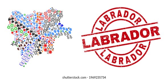 Albacete Province map collage and grunge Labrador red round seal. Labrador seal uses vector lines and arcs. Albacete Province map collage contains helmets, houses, wrenches, bugs, wine glasses,