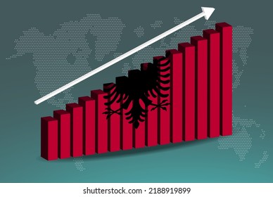 Albanien 3D-Balkendiagramm, Vektorgrafik, aufsteigender Pfeil auf Daten, Länderstatistik-Konzept, Albanienflagge auf 3D-Balkendiagramm, steigende Werte, Nachrichtenbanner-Idee