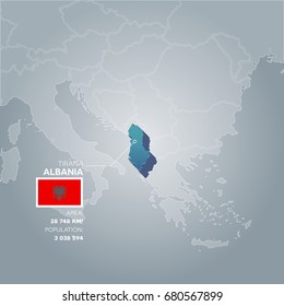 Albania 3d map with information of area and population of the country.