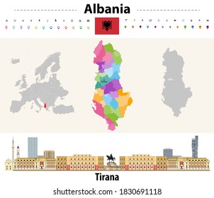 Albania administrative divisions map. Flag of Albania. Tirana cityscape. Vector illustration