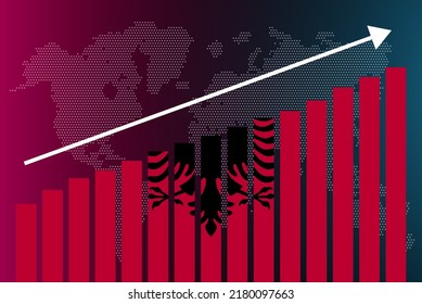 Albanien Balkendiagramm, steigende Werte, Länderstatistik-Konzept, Albanien Länderflagge auf Balken, aufsteigender Pfeil auf Daten, Idee von Nachrichtenbannern