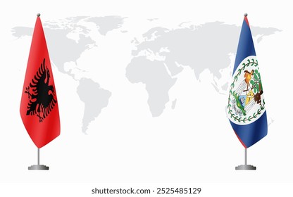 Albania and Belize flags for official meeting against background of world map.