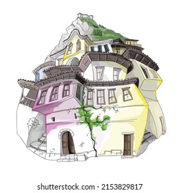 Albania, dibujo a color de la ciudad de Berat, antigua casa medieval, vector