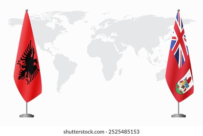 Banderas de Albania y Bermudas para reunión oficial con antecedentes del mapa mundial.