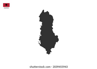 Albania black shadow map isolated on white background with Albania icon flag on the left corner.