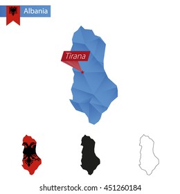 Albania blue Low Poly map with capital Tirana, four versions of map. Vector Illustration.