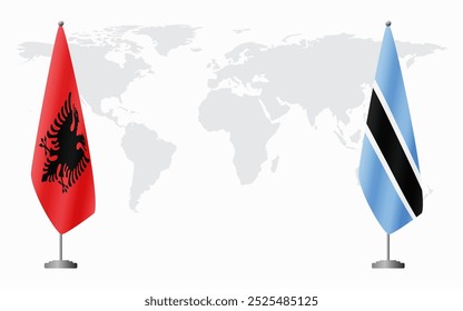 Albania and Botswana flags for official meeting against background of world map.