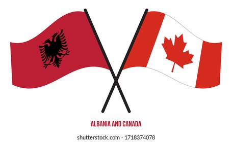 Albania and Canada Flags Crossed And Waving Flat Style. Official Proportion. Correct Colors.