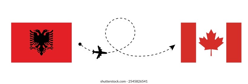 Voo Albânia para Canadá. Passageiro de Tirana a Ottawa viajando de avião . Bandeiras da Albânia e do Canadá