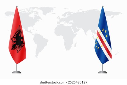 Albania and Cape Verde flags for official meeting against background of world map.