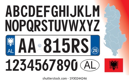 Albania car license plate, letters, numbers and symbols, vector illustration, europe