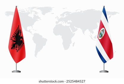 Banderas de Albania y Costa Rica para reunión oficial en el contexto del mapa mundial.