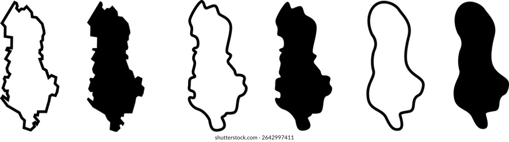 Mapa do país da Albânia preto em branco conjunto gráfico.