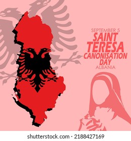 Mapa del país de Albania y bandera con silueta de una mujer con texto en negrita sobre fondo rojo claro para conmemorar el Día de la Canonización de Santa Teresa en Albania el 5 de setiembre