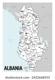 Albania country white political map. Detailed vector illustration with isolated provinces, departments, regions, counties, cities, islands and states easy to ungroup.