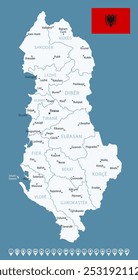 Albania - detailed country map with cities and regions. Infographic icons. Vector illustration.