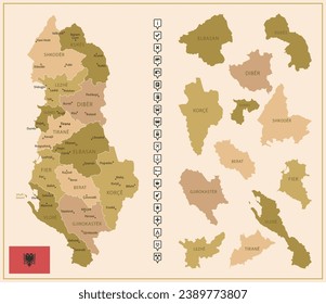 Albania - detailed map of the country in brown colors, divided into regions. Vector illustration