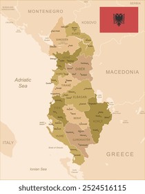 Albania - detailed map of the country in brown colors, divided into regions. Vector illustration
