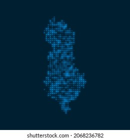 Albania dotted glowing map. Shape of the country with blue bright bulbs. Vector illustration.