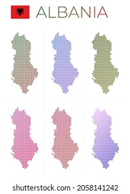 Lista de mapas de puntos de Albania. Mapa de Albania en estilo punteado. Las fronteras del país están llenas de hermosos círculos de gradientes lisos. Ilustración vectorial atractiva.